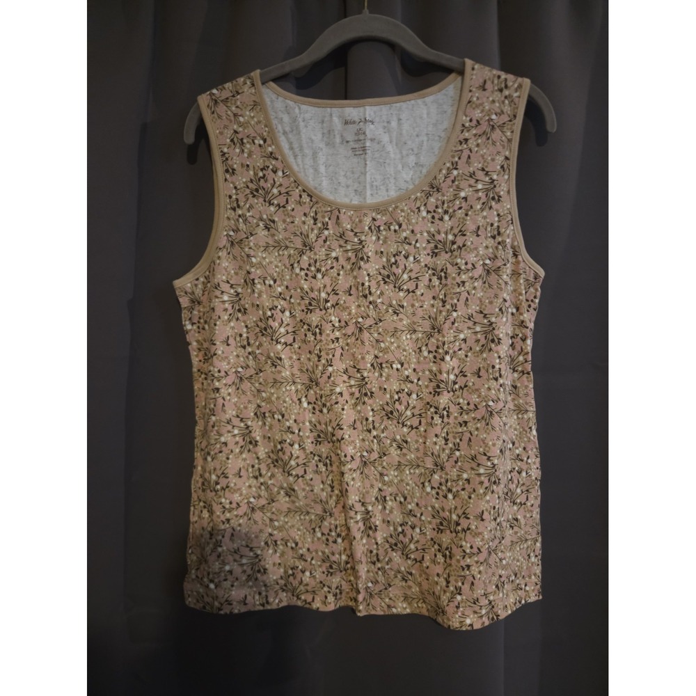 White Stag Beige Pink Floral Cotton Knit Scoop Neck Sleeveless Tank Top L Y2K